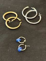 3 Pairs Of Earring Blue Glass Bead On Sterling