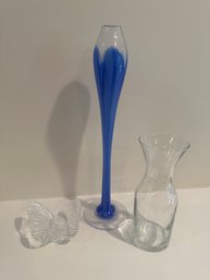 (2) Glass Vases, And A Glass Butterfly