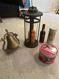 Brass Bell, Cast Iron Lantern, 2 Empty Cans And A Bottle