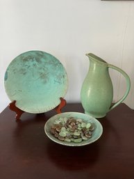 Vintage Glazed Green Vase, A Plate, And A Bowl Of Marbles