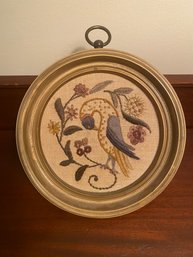 Crewel Embroidery Round Bird Preening Scene     (L)