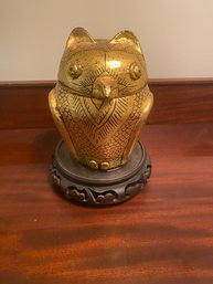 Owl Lidded Jar Lacquer Gold And Black With Stand