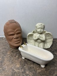 Assorted Ceramic Figurines - Praying Angel Planter, Ceramic Bathtub, Mr T Head