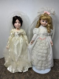 Porcelain Wedding Bride Dolls Pair Of Two - Victorian Gothic Style Brunette & Lacy Floral Blonde