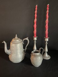 Vintage Pewter Candlesticks, Teapot & Creamer