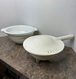 Two White Plastic Salad Strainers Colander & Bowl