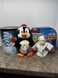 Christmas Decor - Penguin Plush, Santa Tree Topper & Holiday Tins