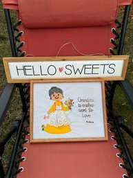 Pair Of Grandma Wall Art Decorations - Hello Sweets Metal On Wood & Cross Stitch