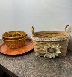 Three Woven Baskets & Checkered Wooden Plate