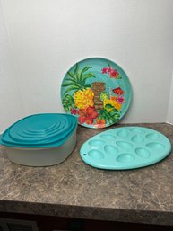 Plastic Kitchenware - Storage Container, Deviled Egg Holder & Hawaiian Tiki Playe