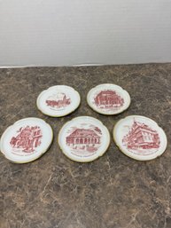 Five Small German Gilded Plates With Red Historical Landmarks