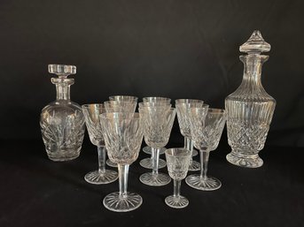 10 Waterford Wine Glasses & 1 Cordial, 2 Crystal Decanters,