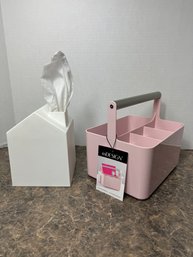 Pink 4 Compartment Handled Storage Container & White House Tissue Box Cover