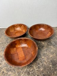 Vintage Wooden Checkered Salad Bowls 3pcs