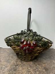 Metal Handled Basket With Glass Grapes & Metal Leafs