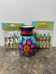 Mexican Signed Art Pottery Vase & 20 Wooden Cactus/llama Clips