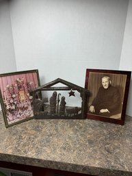 Christian Religious Decor - Haitian Metal Nativity Scene & Two Framed Photos