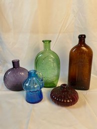 5 Vintage Bottles: Red, Brown, Blue, Green, Purple