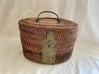 Woven Teapot  Basket Brass Hardware Antique