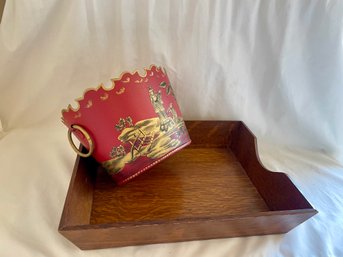 Wooden Tray & Asian Motif Painted Bucket