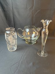 Glass Bar Pitcher, Etched Glass Vase, Single Bud Vase