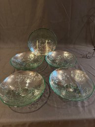5 Green Bowls Flowers Glass
