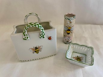 Hand Painted Vase/basket & Trinket Tray & Matches