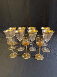 8 Handmade Crystal Gold Wine Glasses And 3 Cordials