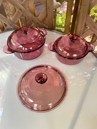 2 Purple Glass Lidded Corning Dishes, 1 Lid