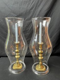 Glass Hurricane Lamps W/ Brass Candlesticks     (L)