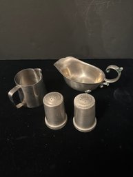 Pewter Gravy Boat,  Salt And Pepper Shakers And Pitcher