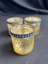 (3) Gold Toned Tealight Holders With Beaded Rims