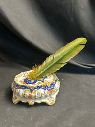 Antique Inkwell With Green Feather Quill