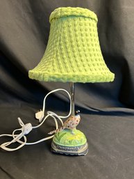 Chanil Pewter Table Lamp With Green Shade & Limoges France Porcelain Bird