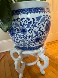 Asian Urn On Stand With Potted Houseplant