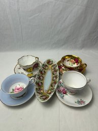 Antique Assorted Rare Porcelain Teacups And Saucers, Pink And Gold Floral