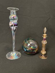 Handblown Rosetree New Orleans Single Candlestick,  Deco Ball And Perfume Bottle