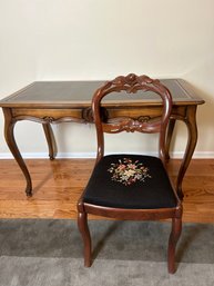 Antique Wooden Desk And Floral Embroidered Chair