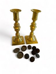 Military Buttons And Brass Candles Sticks