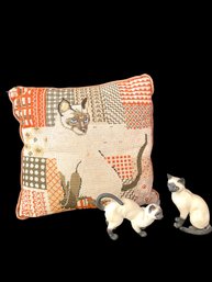 Siamese Cat Figurines & Needlepoint Pillow