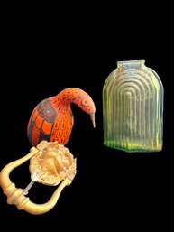 Glass Vase, Door Knocker, And Wooden Bird. Assorted Home Decor