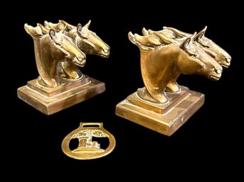 Pair Of Brass Horse Book Ends And Horse Brass