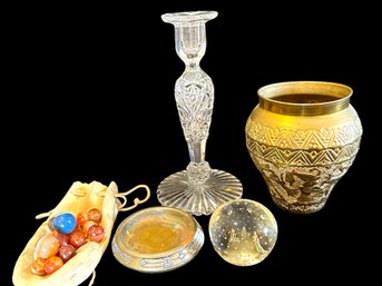 Cut Crystal Candle Stick Marbles Paperweight And Brass