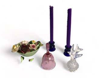 Adderley Bone China Floral, Pair Of Cobalt Blue Glass Candlesticks, Glass Bell Etc