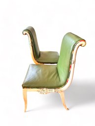 Pair Of Floral Green Leather Chairs  (dr)
