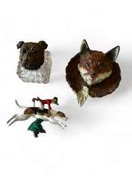 Vintage Inkwells And Metal Fox And Dog (L)