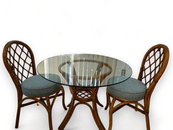 Glass And Wicker  Table With 2 Chairs