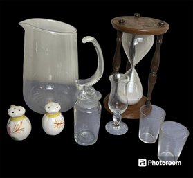 Zodiac Astrology Hourglass, 2 Shot Glass, Salt/pepper, Vtg. Vessel Glasses, Glass Pitcher