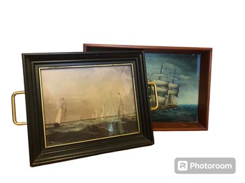 Handled Frame Nautical Prints Of Harbor Sailboats And Three-masted Ship (D)