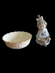 Lladro Figurine Girl W/ Bowl & Lenox Bowl